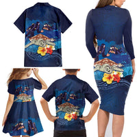 Polynesian Scuba Diving Family Matching Long Sleeve Bodycon Dress and Hawaiian Shirt Honu with Hibiscus and Plumeria Flower and Tapa Tribal Pattern LT03 - Polynesian Pride