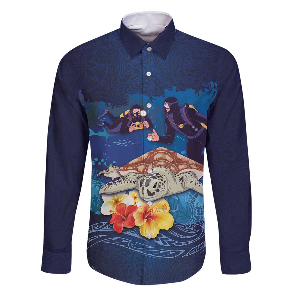 Polynesian Scuba Diving Family Matching Long Sleeve Bodycon Dress and Hawaiian Shirt Honu with Hibiscus and Plumeria Flower and Tapa Tribal Pattern LT03 Dad's Shirt - Long Sleeve Blue - Polynesian Pride