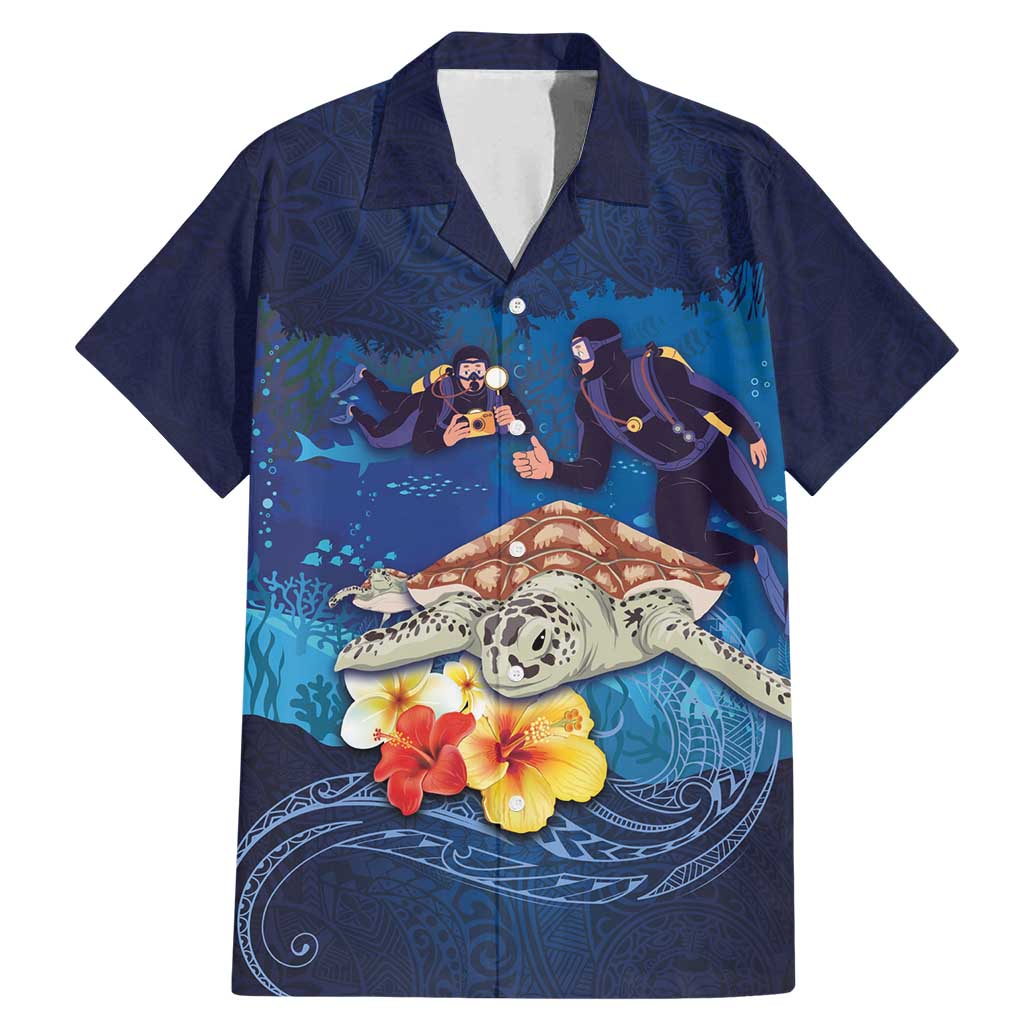 Polynesian Scuba Diving Family Matching Mermaid Dress and Hawaiian Shirt Honu with Hibiscus and Plumeria Flower and Tapa Tribal Pattern LT03 Dad's Shirt - Short Sleeve Blue - Polynesian Pride