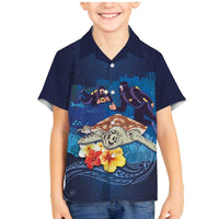 Polynesian Scuba Diving Family Matching Mermaid Dress and Hawaiian Shirt Honu with Hibiscus and Plumeria Flower and Tapa Tribal Pattern LT03 Son's Shirt Blue - Polynesian Pride