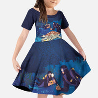 Polynesian Scuba Diving Family Matching Puletasi and Hawaiian Shirt Honu with Hibiscus and Plumeria Flower and Tapa Tribal Pattern LT03 Daughter's Dress Blue - Polynesian Pride