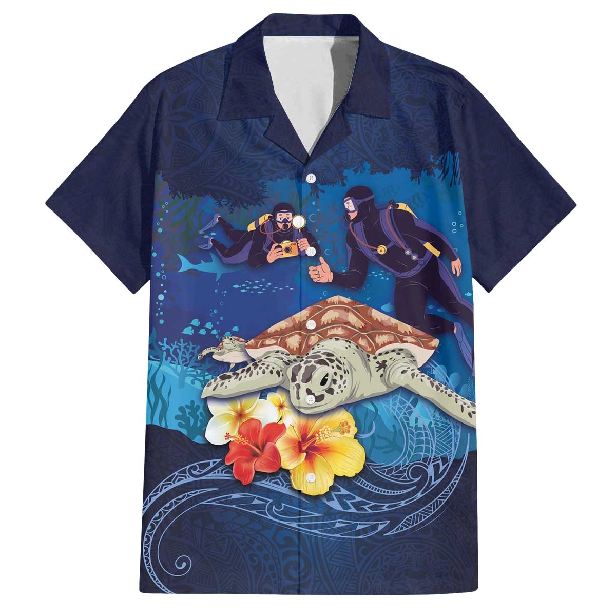 Polynesian Scuba Diving Family Matching Puletasi and Hawaiian Shirt Honu with Hibiscus and Plumeria Flower and Tapa Tribal Pattern LT03 Dad's Shirt - Short Sleeve Blue - Polynesian Pride