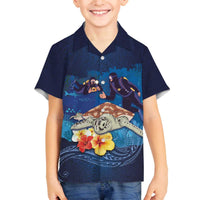 Polynesian Scuba Diving Family Matching Puletasi and Hawaiian Shirt Honu with Hibiscus and Plumeria Flower and Tapa Tribal Pattern LT03 Son's Shirt Blue - Polynesian Pride