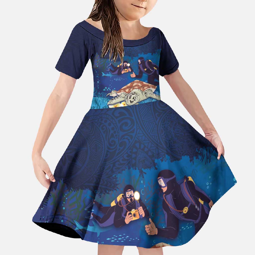 Polynesian Scuba Diving Family Matching Short Sleeve Bodycon Dress and Hawaiian Shirt Honu with Hibiscus and Plumeria Flower and Tapa Tribal Pattern LT03 Daughter's Dress Blue - Polynesian Pride