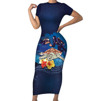 Polynesian Scuba Diving Family Matching Short Sleeve Bodycon Dress and Hawaiian Shirt Honu with Hibiscus and Plumeria Flower and Tapa Tribal Pattern LT03 Mom's Dress Blue - Polynesian Pride