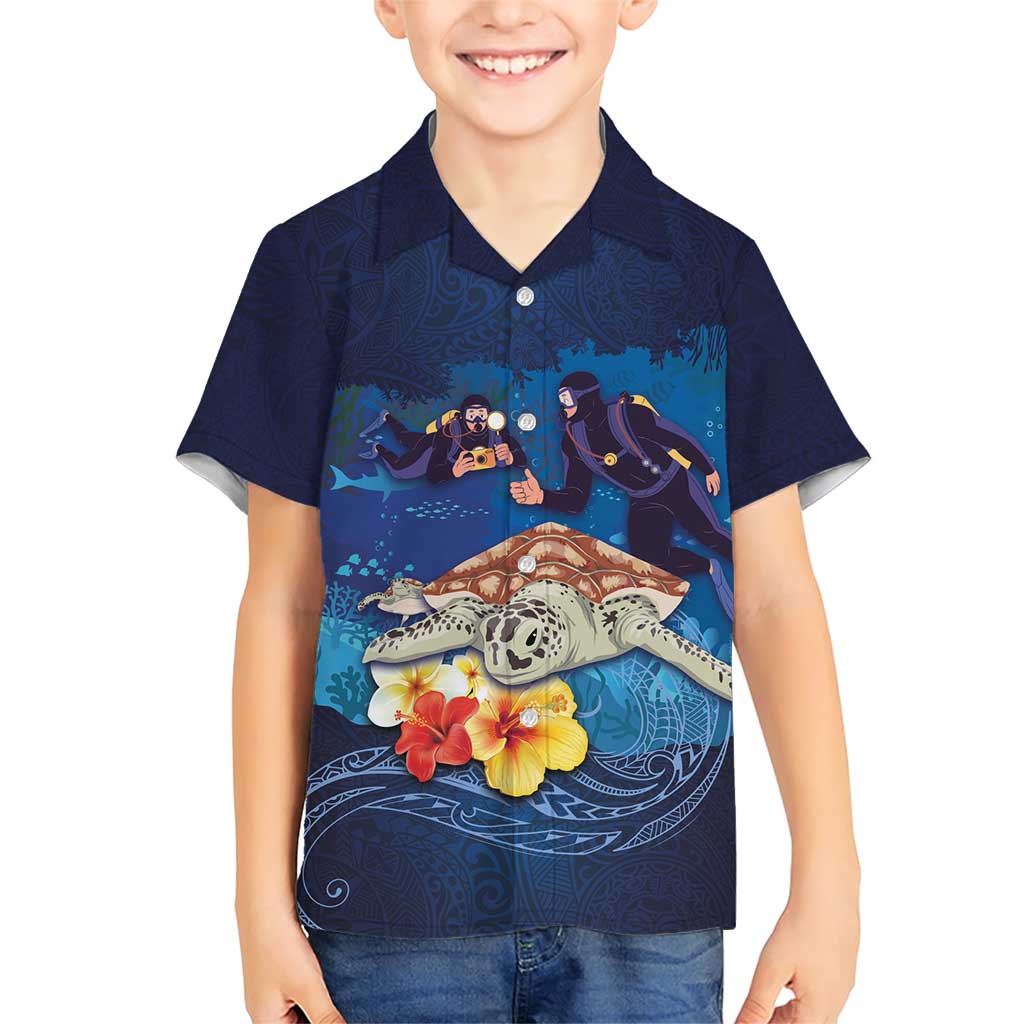 Polynesian Scuba Diving Family Matching Short Sleeve Bodycon Dress and Hawaiian Shirt Honu with Hibiscus and Plumeria Flower and Tapa Tribal Pattern LT03 Son's Shirt Blue - Polynesian Pride