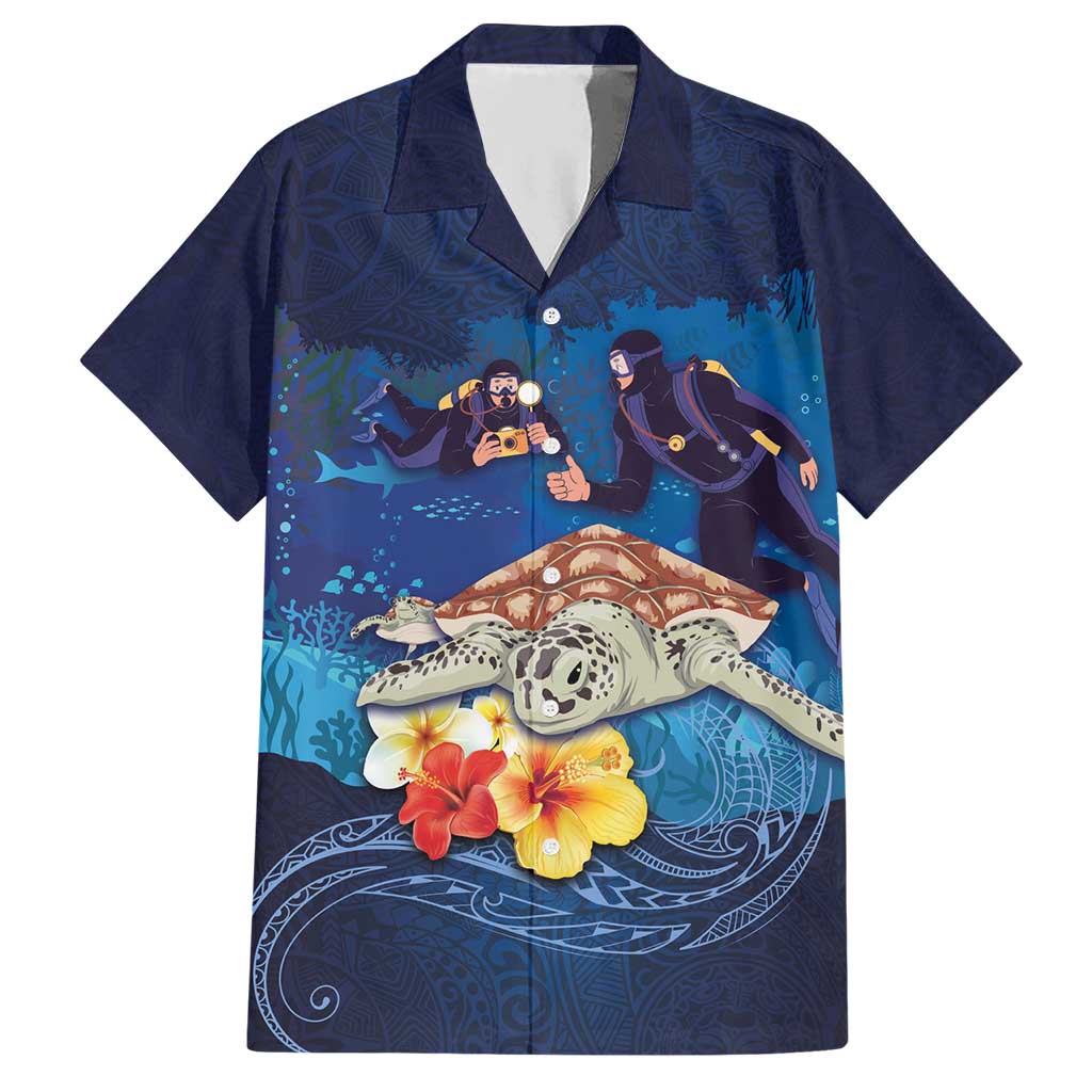 Polynesian Scuba Diving Hawaiian Shirt Honu with Hibiscus and Plumeria Flower and Tapa Tribal Pattern