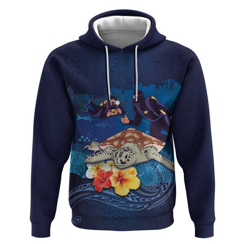 Polynesian Scuba Diving Hoodie Honu with Hibiscus and Plumeria Flower and Tapa Tribal Pattern