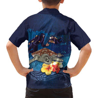 Polynesian Scuba Diving Kid Hawaiian Shirt Honu with Hibiscus and Plumeria Flower and Tapa Tribal Pattern