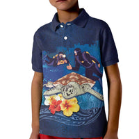 Polynesian Scuba Diving Kid Polo Shirt Honu with Hibiscus and Plumeria Flower and Tapa Tribal Pattern
