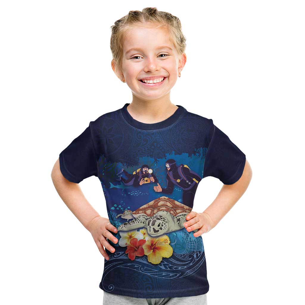 Polynesian Scuba Diving Kid T Shirt Honu with Hibiscus and Plumeria Flower and Tapa Tribal Pattern