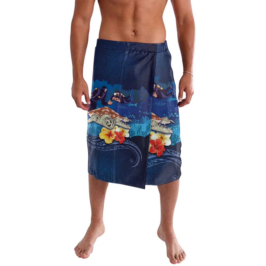 Polynesian Scuba Diving Lavalava Honu with Hibiscus and Plumeria Flower and Tapa Tribal Pattern