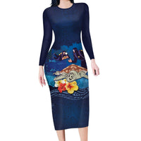 Polynesian Scuba Diving Long Sleeve Bodycon Dress Honu with Hibiscus and Plumeria Flower and Tapa Tribal Pattern LT03 Long Dress Blue - Polynesian Pride