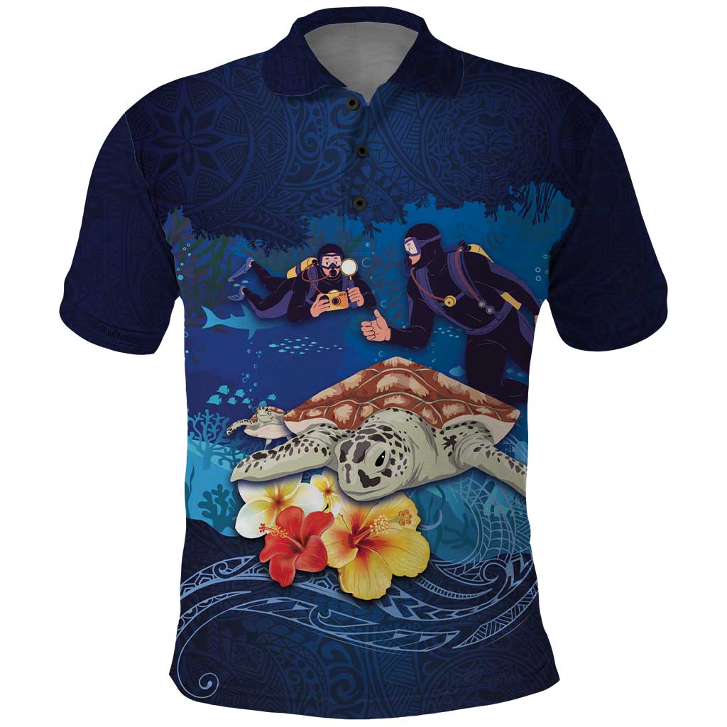 Polynesian Scuba Diving Polo Shirt Honu with Hibiscus and Plumeria Flower and Tapa Tribal Pattern