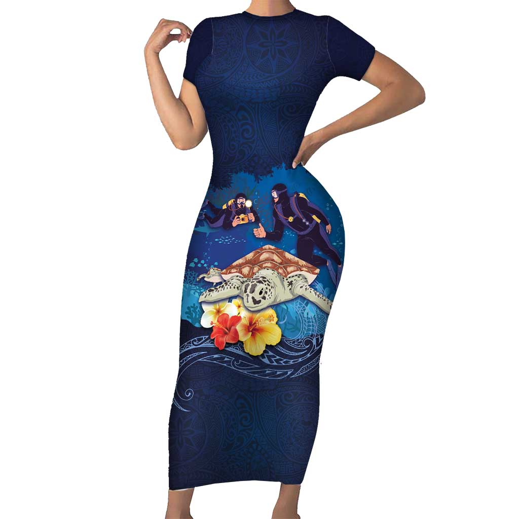 Polynesian Scuba Diving Short Sleeve Bodycon Dress Honu with Hibiscus and Plumeria Flower and Tapa Tribal Pattern LT03 Long Dress Blue - Polynesian Pride
