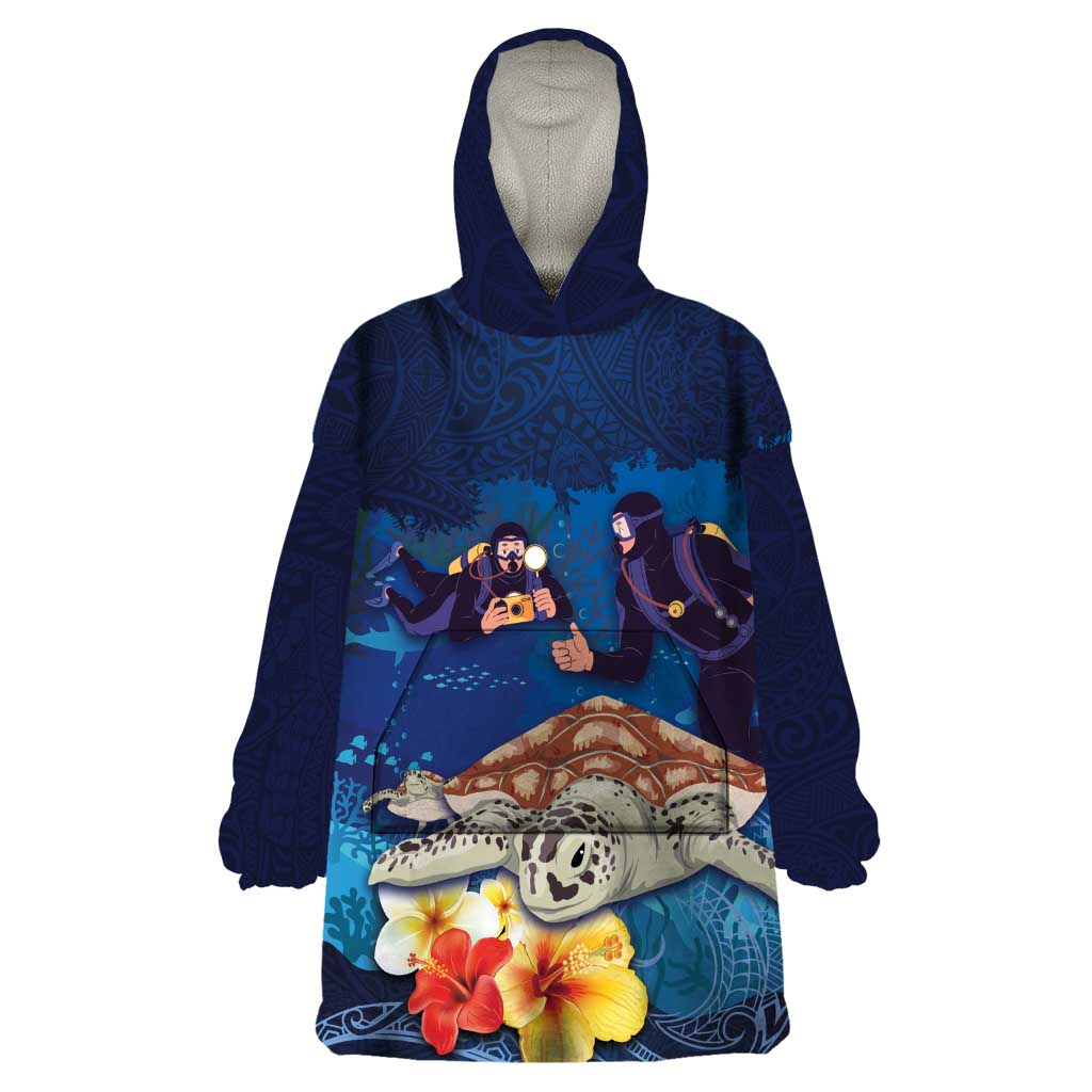 Polynesian Scuba Diving Wearable Blanket Hoodie Honu with Hibiscus and Plumeria Flower and Tapa Tribal Pattern