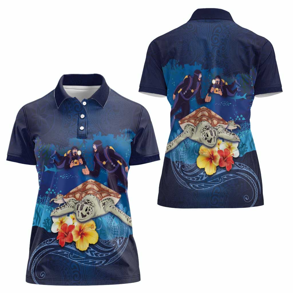 Polynesian Scuba Diving Women Polo Shirt Honu with Hibiscus and Plumeria Flower and Tapa Tribal Pattern