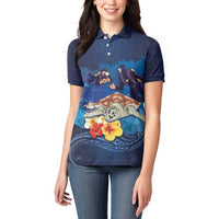 Polynesian Scuba Diving Women Polo Shirt Honu with Hibiscus and Plumeria Flower and Tapa Tribal Pattern
