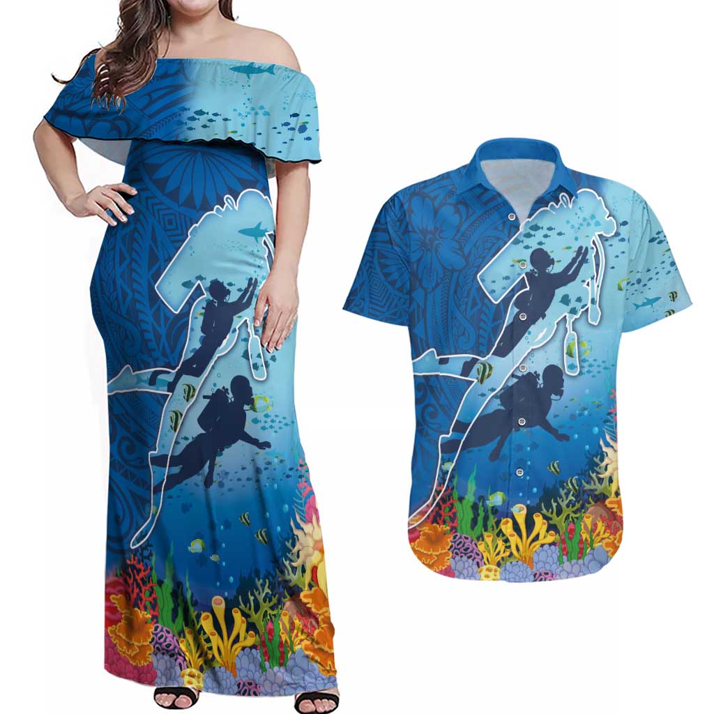 Polynesian Scuba Diving Couples Matching Off Shoulder Maxi Dress and Hawaiian Shirt Beauty Corals with Underwater and Polynesian Pattern