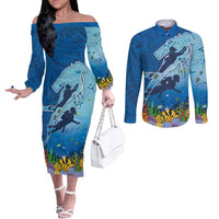 Polynesian Scuba Diving Couples Matching Off The Shoulder Long Sleeve Dress and Long Sleeve Button Shirt Beauty Corals with Underwater and Polynesian Pattern LT03 Blue - Polynesian Pride