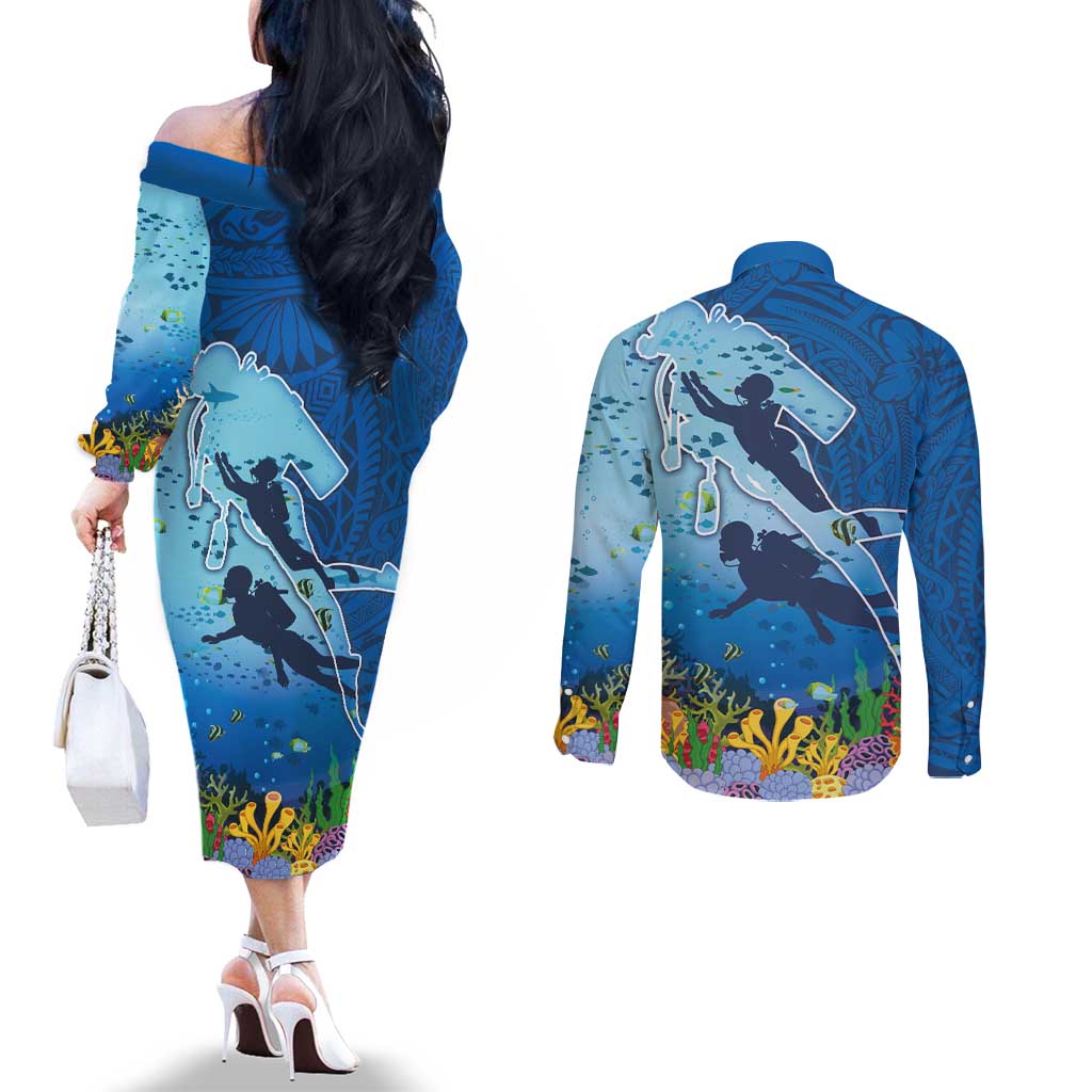 Polynesian Scuba Diving Couples Matching Off The Shoulder Long Sleeve Dress and Long Sleeve Button Shirt Beauty Corals with Underwater and Polynesian Pattern LT03 - Polynesian Pride