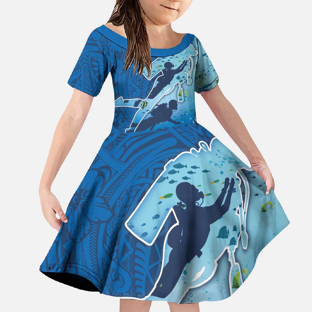 Polynesian Scuba Diving Family Matching Long Sleeve Bodycon Dress and Hawaiian Shirt Beauty Corals with Underwater and Polynesian Pattern LT03 Daughter's Dress Blue - Polynesian Pride