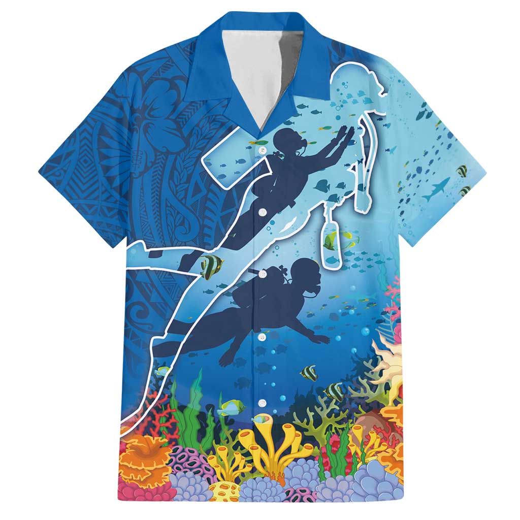 Polynesian Scuba Diving Family Matching Long Sleeve Bodycon Dress and Hawaiian Shirt Beauty Corals with Underwater and Polynesian Pattern LT03 Dad's Shirt - Short Sleeve Blue - Polynesian Pride