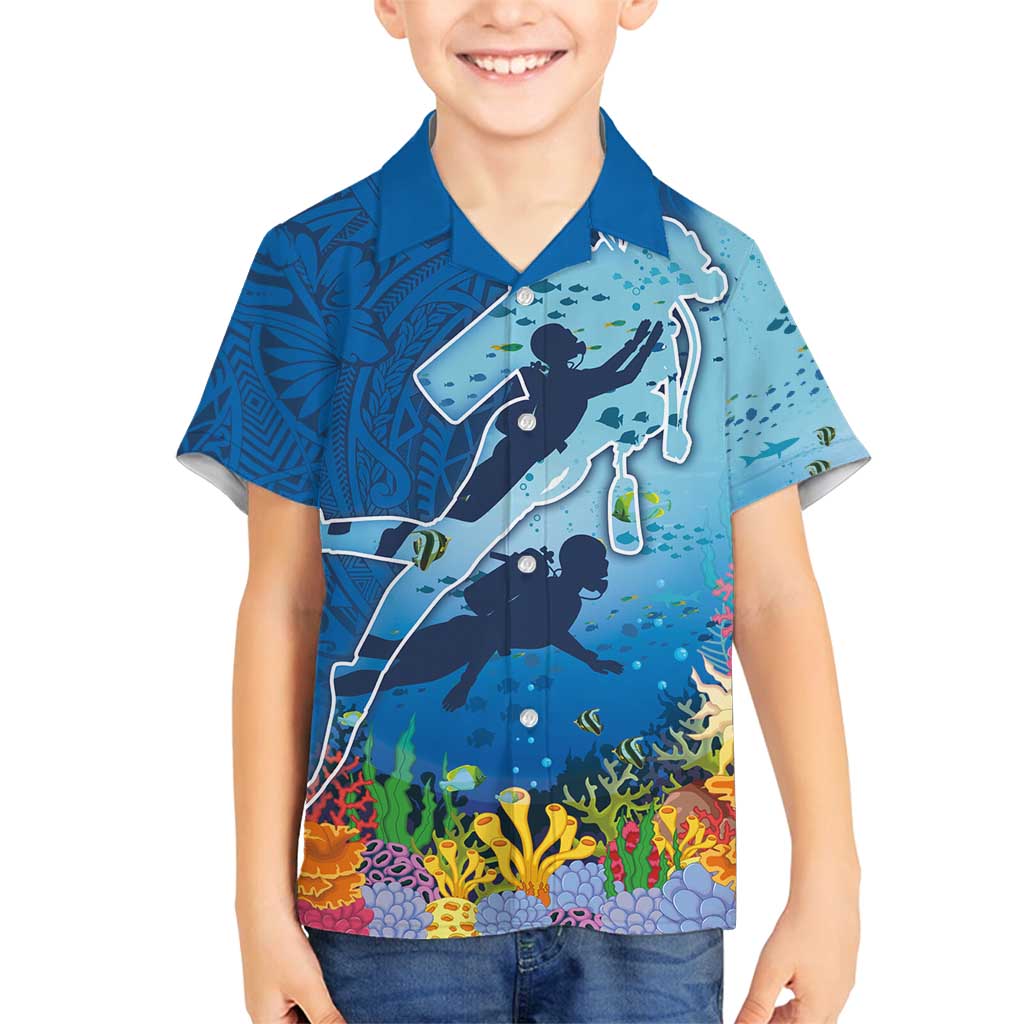 Polynesian Scuba Diving Family Matching Long Sleeve Bodycon Dress and Hawaiian Shirt Beauty Corals with Underwater and Polynesian Pattern LT03 Son's Shirt Blue - Polynesian Pride
