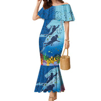 Polynesian Scuba Diving Family Matching Mermaid Dress and Hawaiian Shirt Beauty Corals with Underwater and Polynesian Pattern LT03 Mom's Dress Blue - Polynesian Pride
