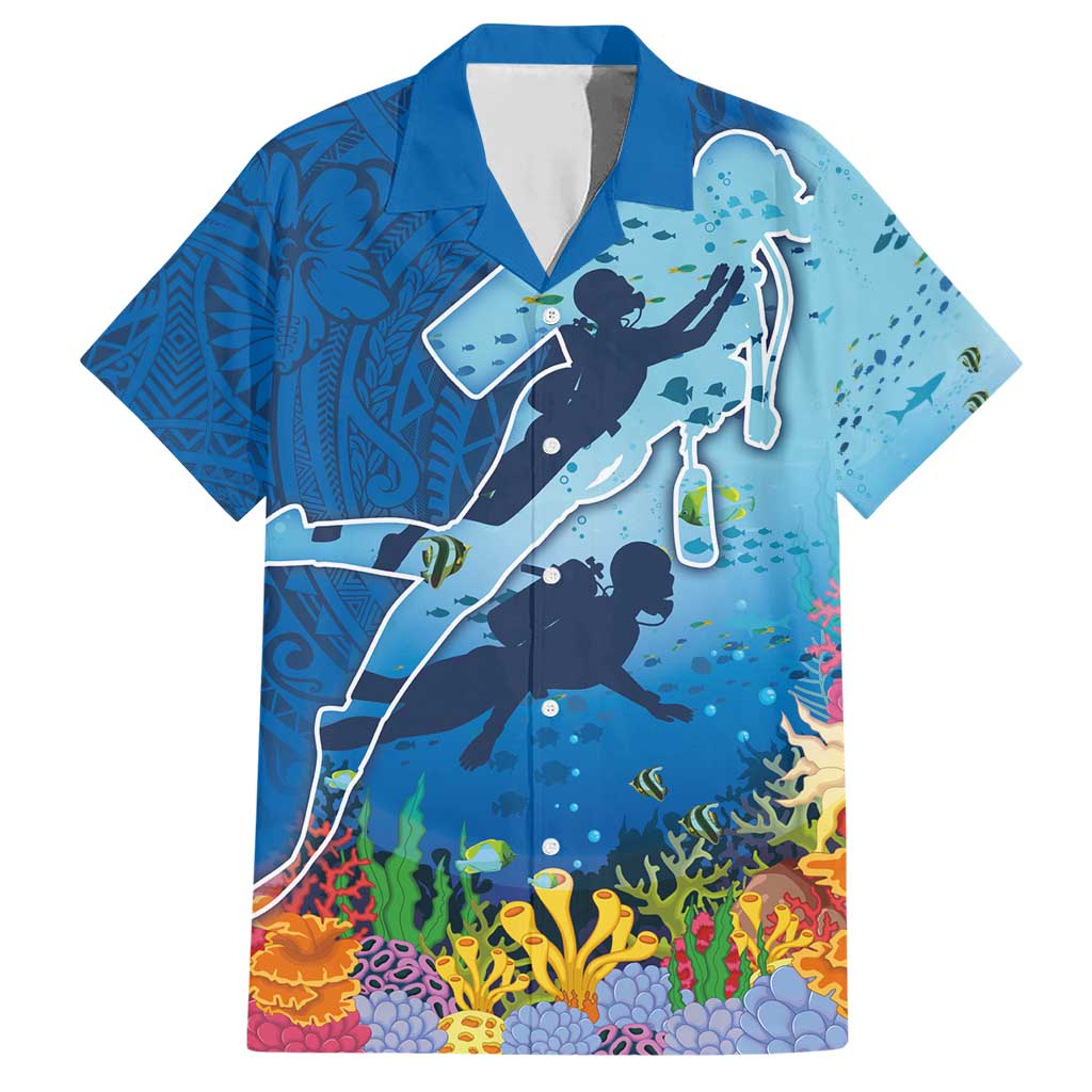 Polynesian Scuba Diving Family Matching Short Sleeve Bodycon Dress and Hawaiian Shirt Beauty Corals with Underwater and Polynesian Pattern LT03 Dad's Shirt - Short Sleeve Blue - Polynesian Pride