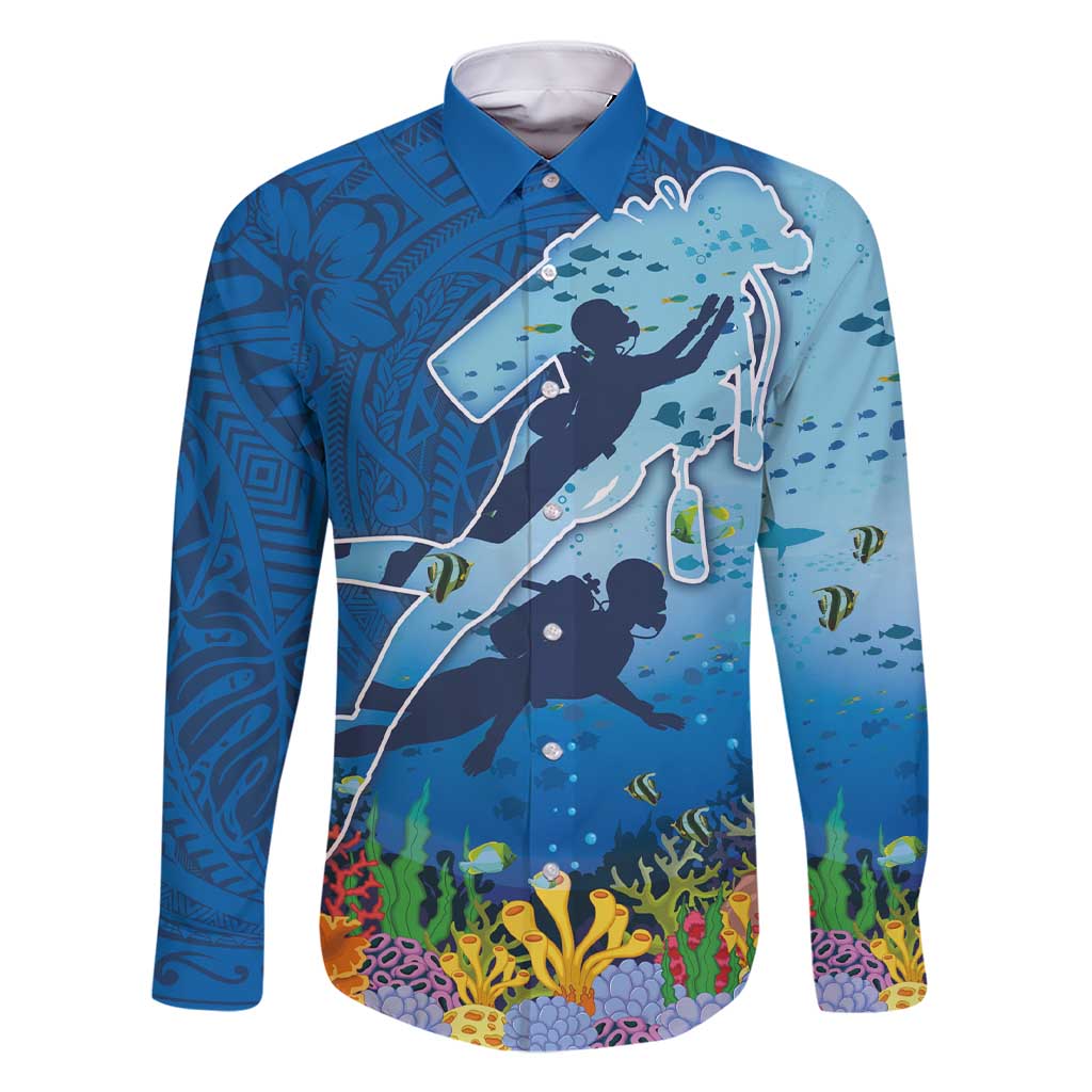 Polynesian Scuba Diving Family Matching Short Sleeve Bodycon Dress and Hawaiian Shirt Beauty Corals with Underwater and Polynesian Pattern LT03 Dad's Shirt - Long Sleeve Blue - Polynesian Pride
