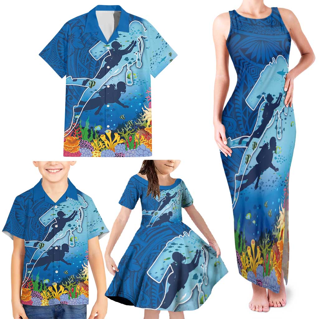 Polynesian Scuba Diving Family Matching Tank Maxi Dress and Hawaiian Shirt Beauty Corals with Underwater and Polynesian Pattern