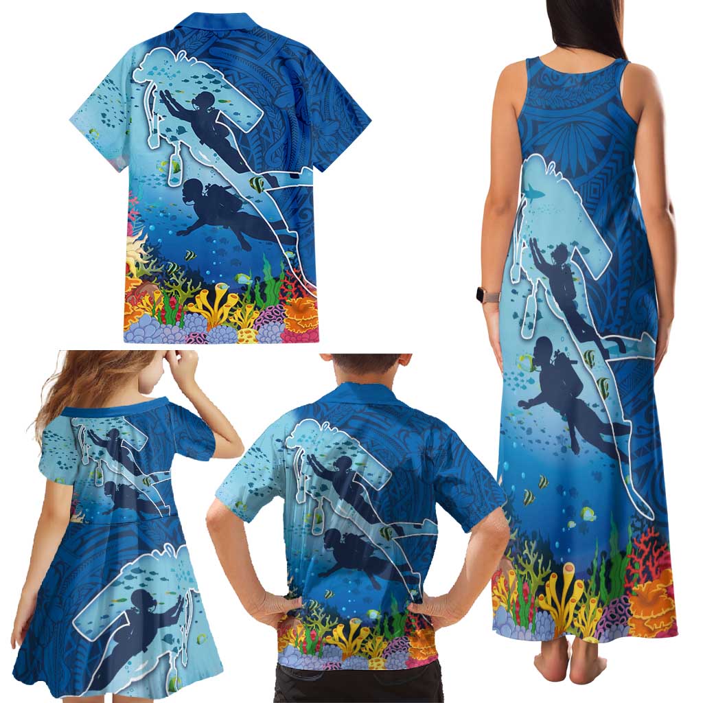 Polynesian Scuba Diving Family Matching Tank Maxi Dress and Hawaiian Shirt Beauty Corals with Underwater and Polynesian Pattern