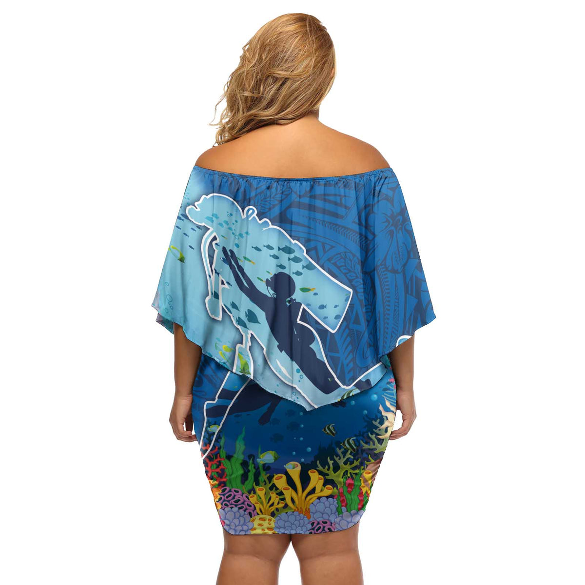 Polynesian Scuba Diving Off Shoulder Short Dress Beauty Corals with Underwater and Polynesian Pattern