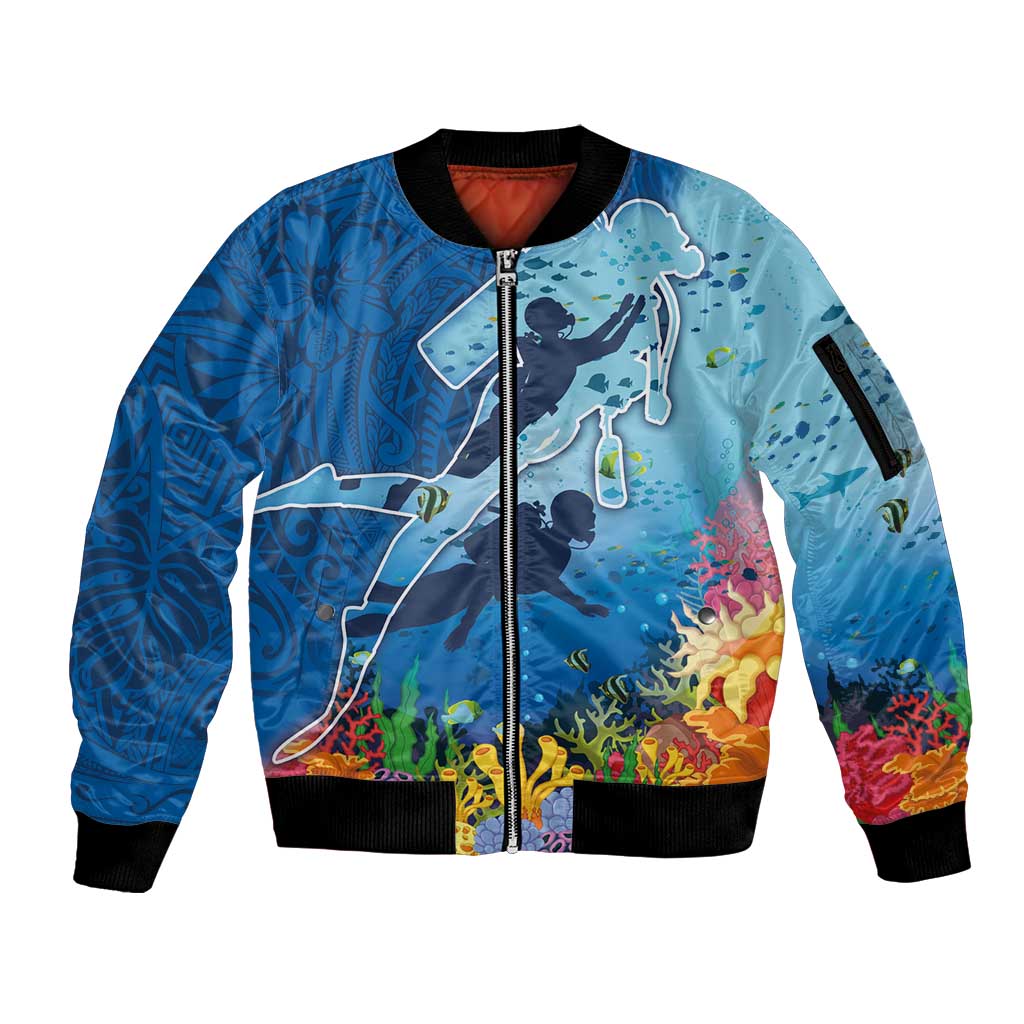 Polynesian Scuba Diving Sleeve Zip Bomber Jacket Beauty Corals with Underwater and Polynesian Pattern