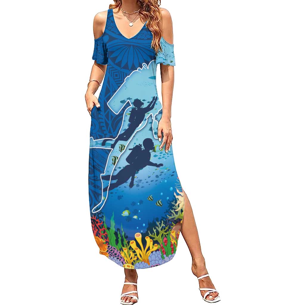 Polynesian Scuba Diving Summer Maxi Dress Beauty Corals with Underwater and Polynesian Pattern