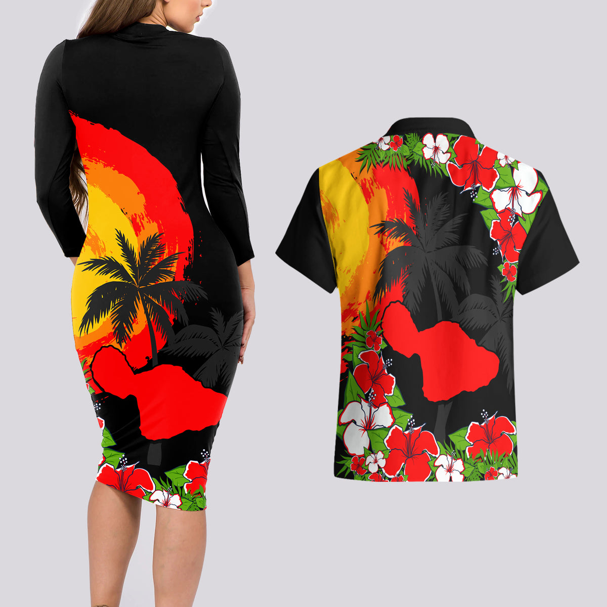 Hawaii Maui Island Couples Matching Long Sleeve Bodycon Dress and Hawaiian Shirt Maui Map With Tropical Forest Sunset Vibe LT03 - Polynesian Pride