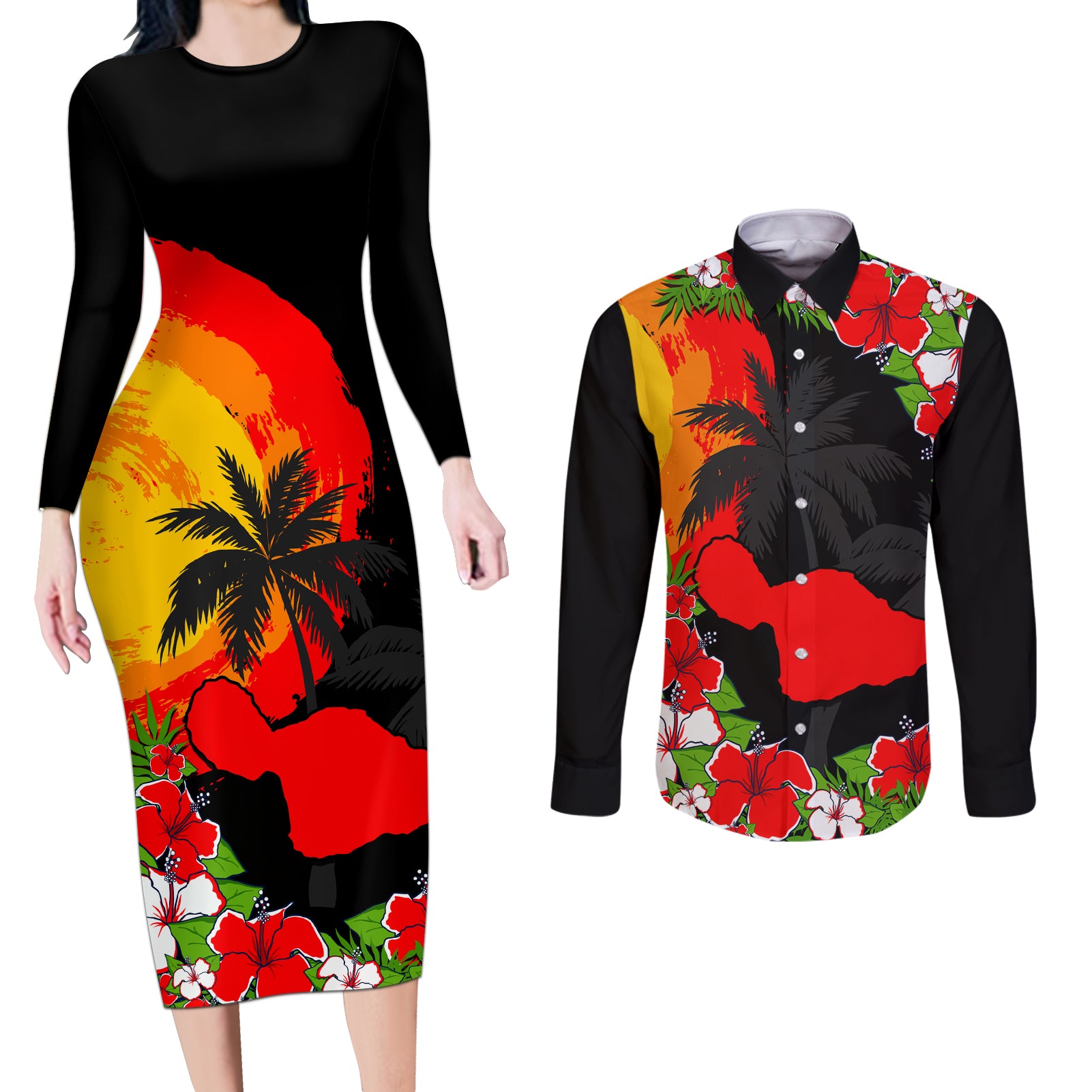 Hawaii Maui Island Couples Matching Long Sleeve Bodycon Dress and Long Sleeve Button Shirts Maui Map With Tropical Forest Sunset Vibe LT03 Black - Polynesian Pride