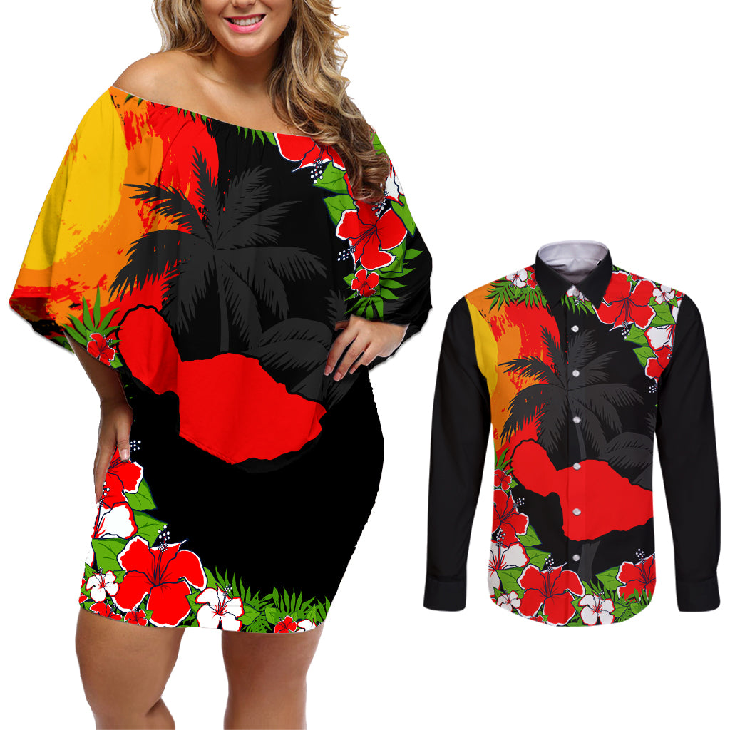 Hawaii Maui Island Couples Matching Off Shoulder Short Dress and Long Sleeve Button Shirts Maui Map With Tropical Forest Sunset Vibe LT03 Black - Polynesian Pride
