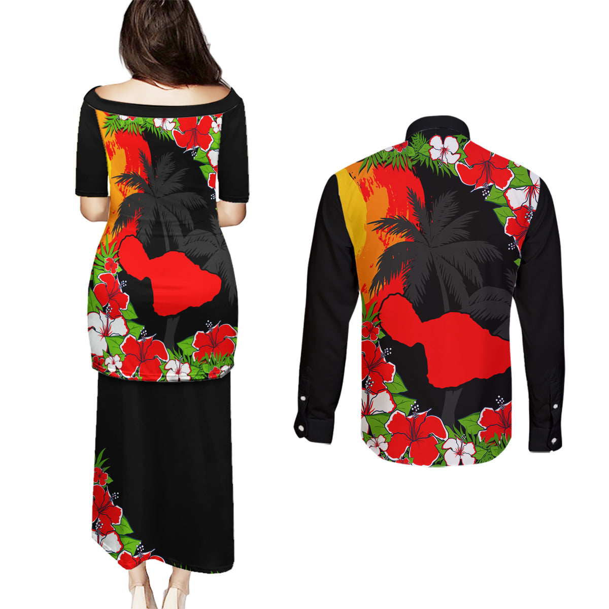 Hawaii Maui Island Couples Matching Puletasi Dress and Long Sleeve Button Shirts Maui Map With Tropical Forest Sunset Vibe LT03 - Polynesian Pride