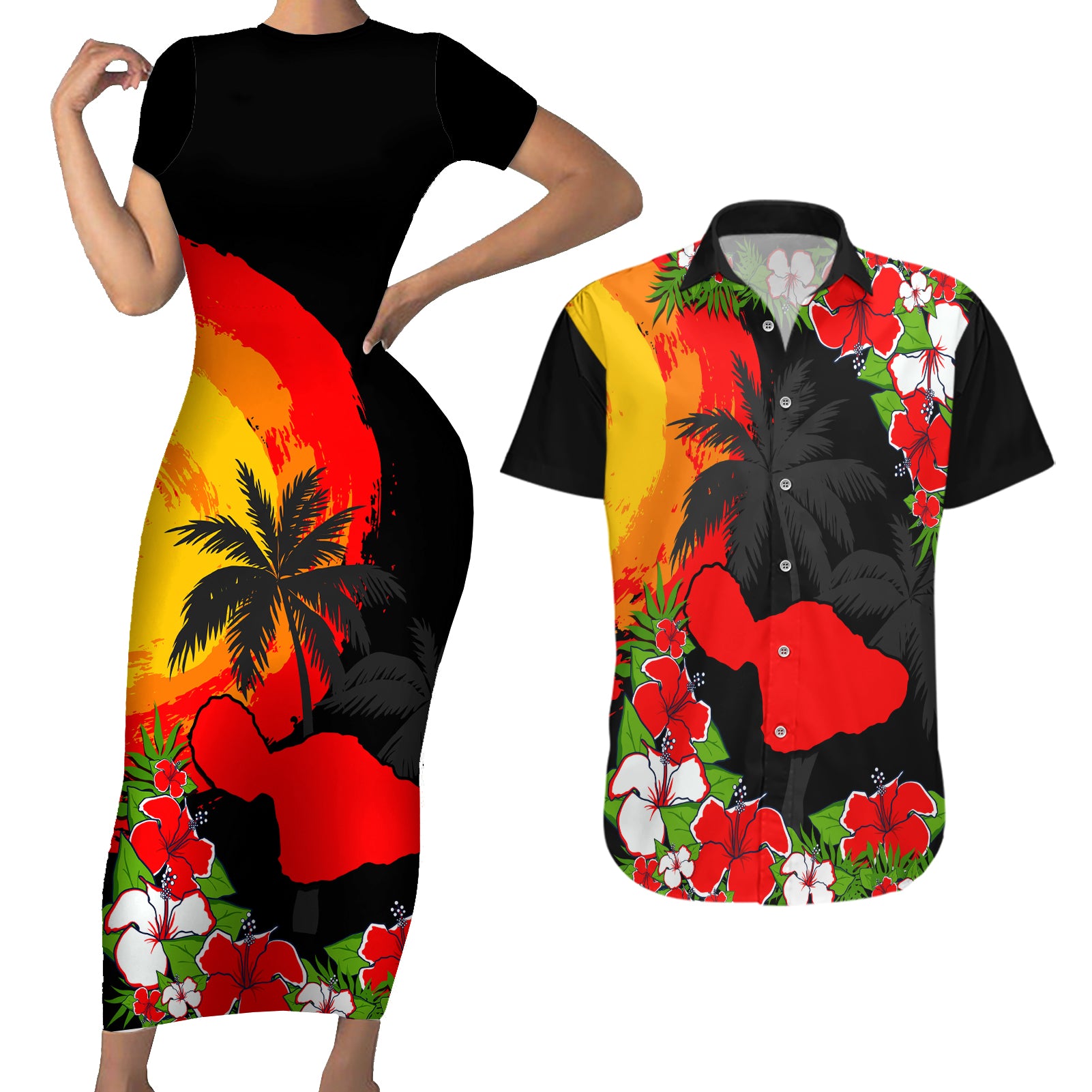 Hawaii Maui Island Couples Matching Short Sleeve Bodycon Dress and Hawaiian Shirt Maui Map With Tropical Forest Sunset Vibe LT03 Black - Polynesian Pride