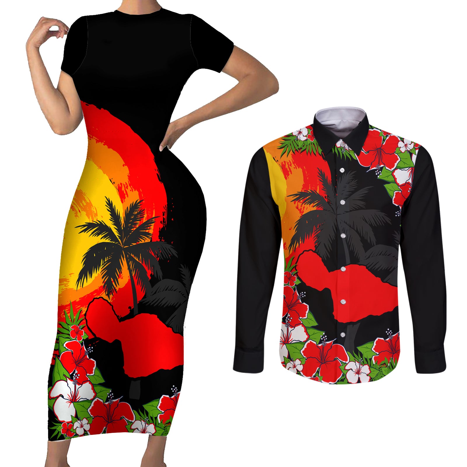 Hawaii Maui Island Couples Matching Short Sleeve Bodycon Dress and Long Sleeve Button Shirts Maui Map With Tropical Forest Sunset Vibe LT03 Black - Polynesian Pride