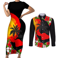 Hawaii Maui Island Couples Matching Short Sleeve Bodycon Dress and Long Sleeve Button Shirts Maui Map With Tropical Forest Sunset Vibe LT03 Black - Polynesian Pride