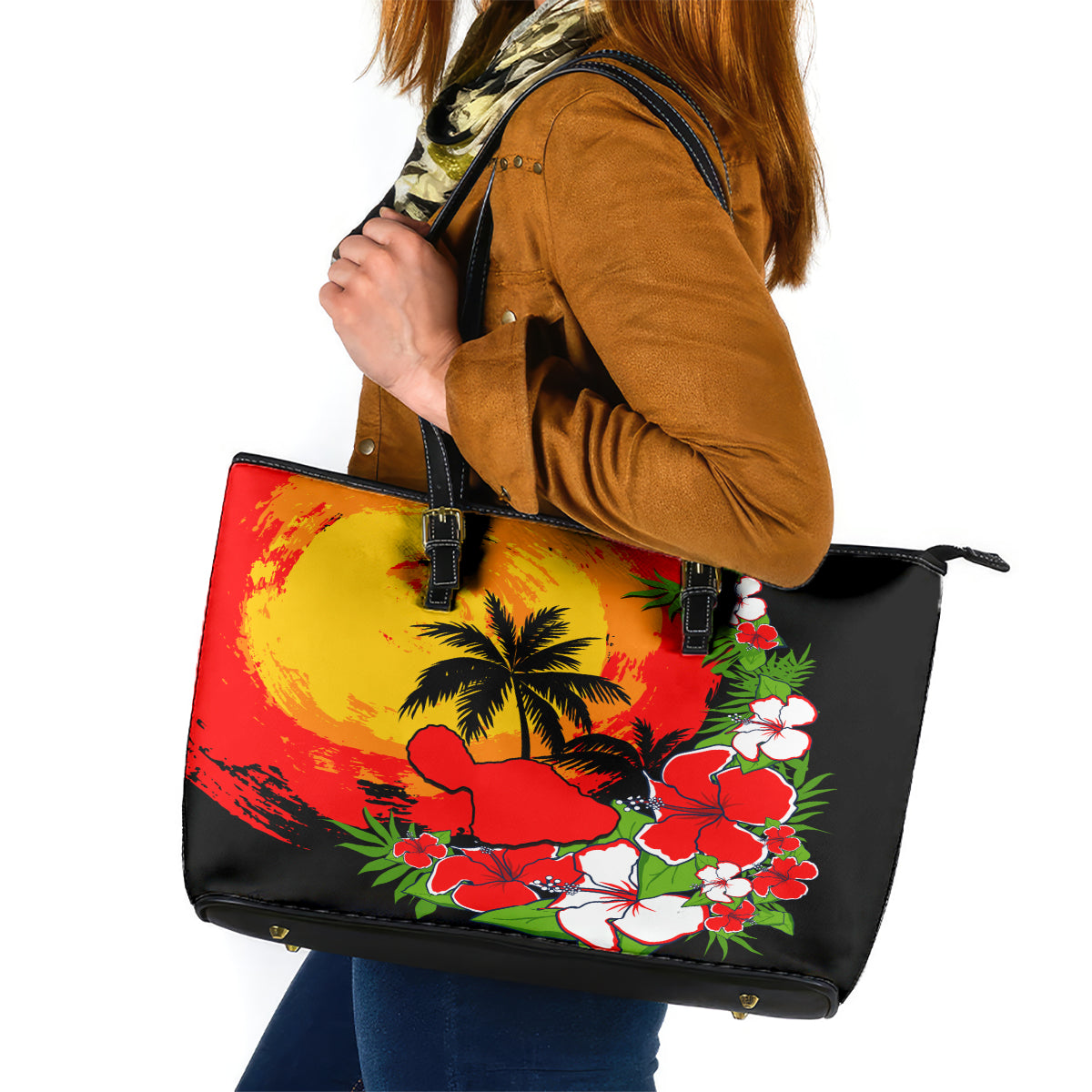 Hawaii Maui Island Leather Tote Bag Maui Map With Tropical Forest Sunset Vibe LT03 Black - Polynesian Pride