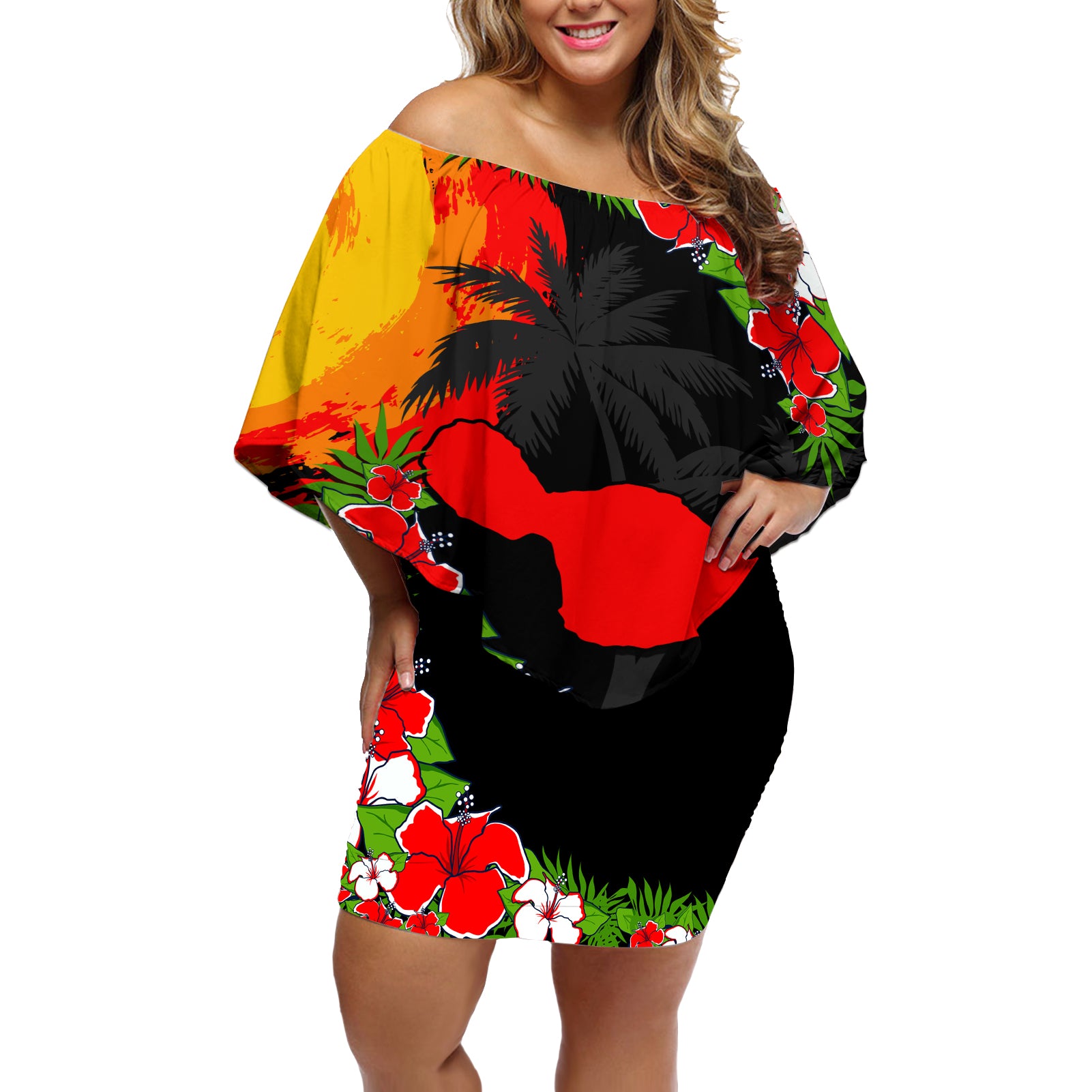 Hawaii Maui Island Off Shoulder Short Dress Maui Map With Tropical Forest Sunset Vibe LT03 Women Black - Polynesian Pride