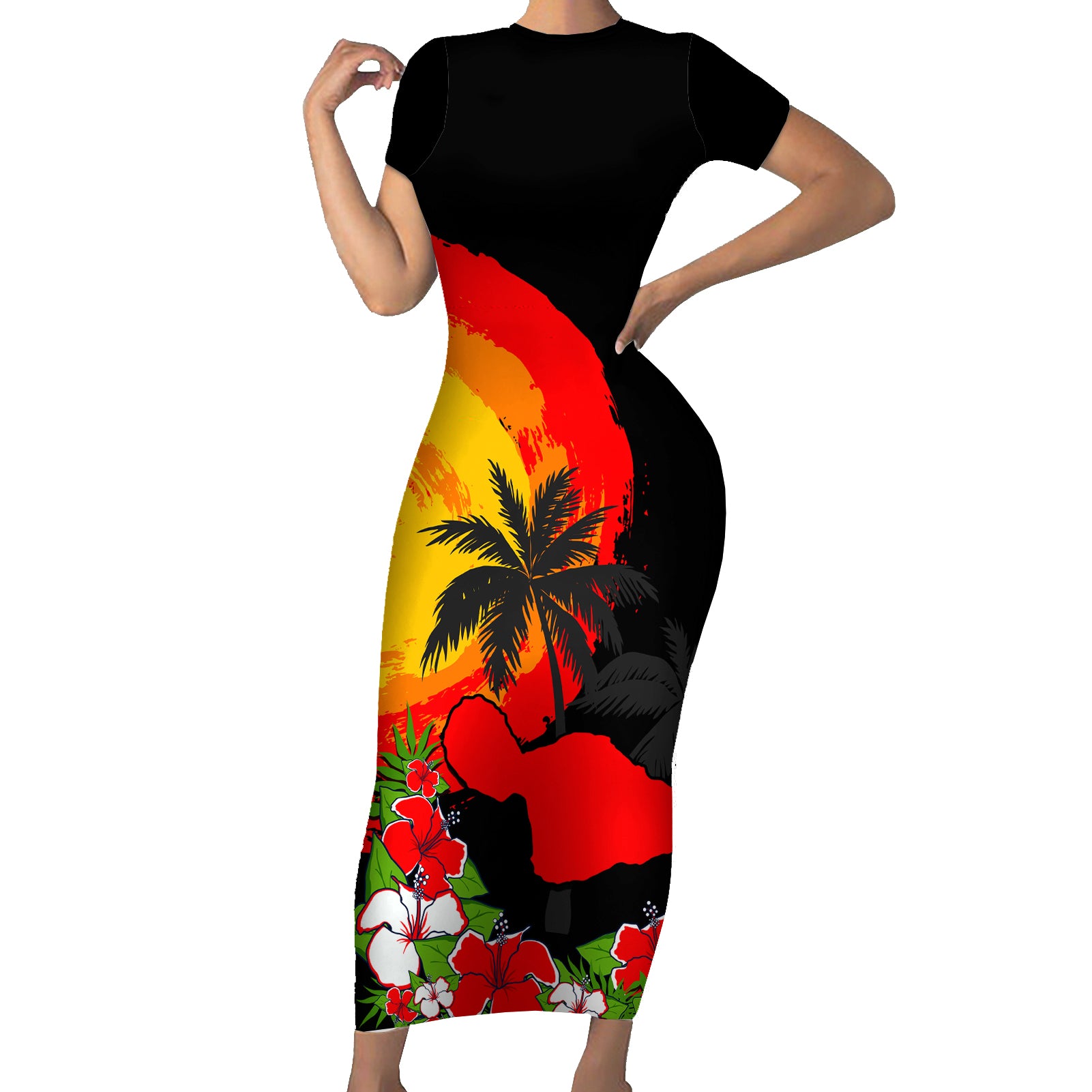 Hawaii Maui Island Short Sleeve Bodycon Dress Maui Map With Tropical Forest Sunset Vibe LT03 Long Dress Black - Polynesian Pride