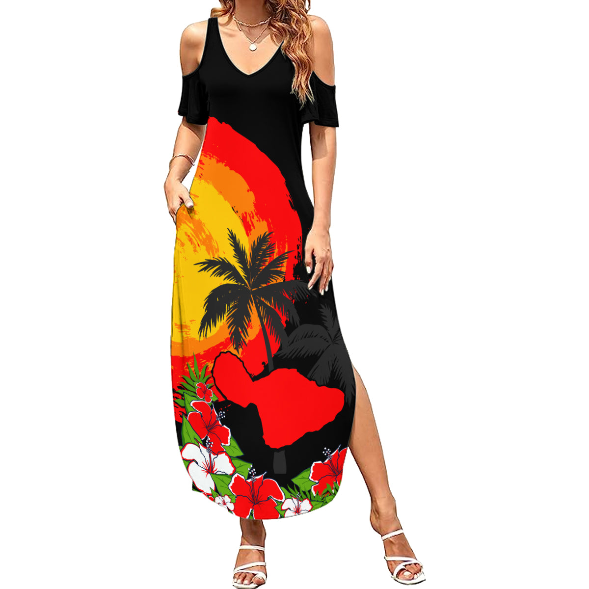 Hawaii Maui Island Summer Maxi Dress Maui Map With Tropical Forest Sunset Vibe LT03 Women Black - Polynesian Pride