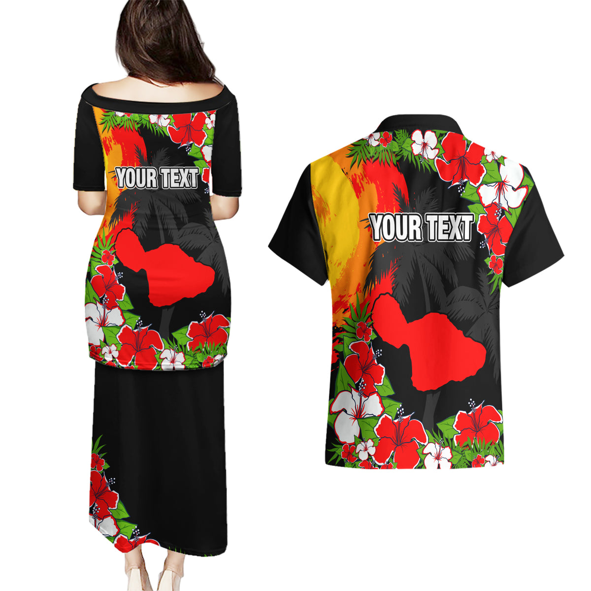 Custom Hawaii Maui Island Couples Matching Puletasi Dress and Hawaiian Shirt Maui Map With Tropical Forest Sunset Vibe LT03 - Polynesian Pride