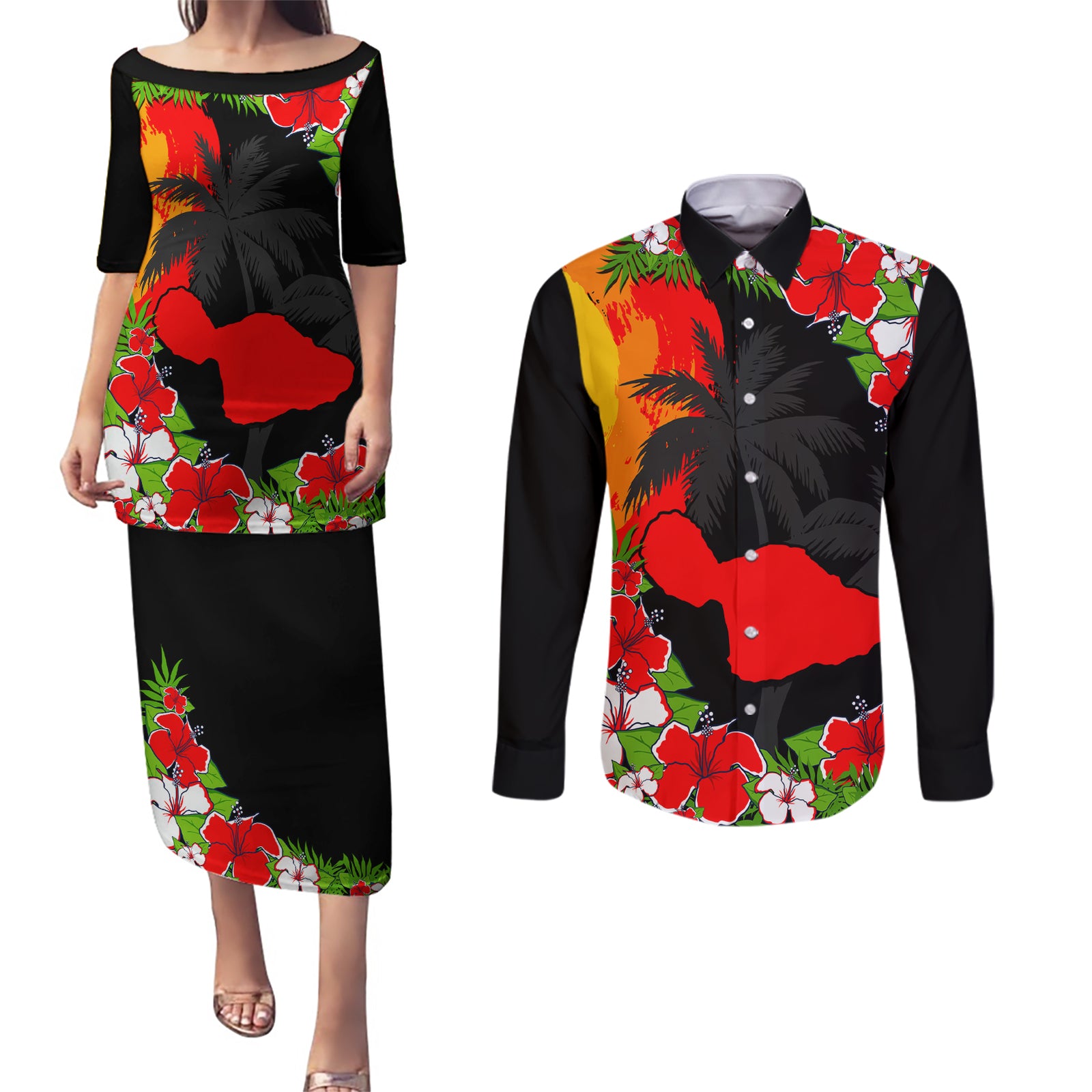 Custom Hawaii Maui Island Couples Matching Puletasi Dress and Long Sleeve Button Shirts Maui Map With Tropical Forest Sunset Vibe LT03 Black - Polynesian Pride