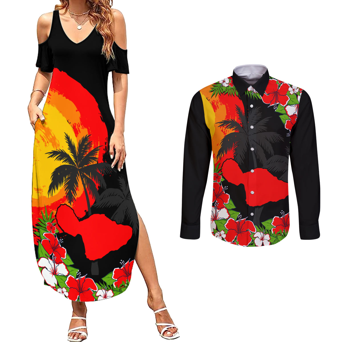 Custom Hawaii Maui Island Couples Matching Summer Maxi Dress and Long Sleeve Button Shirts Maui Map With Tropical Forest Sunset Vibe LT03 Black - Polynesian Pride